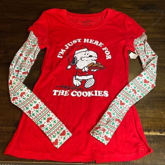 Peanuts Snoopy Christmas Holiday Long Sleeve Shirt Juniors Large (11-13) NWT - Picture 1 of 4